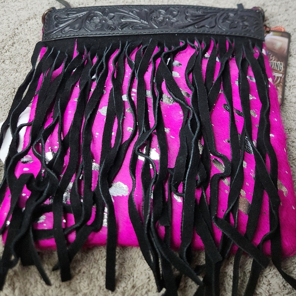 Women's Pink & Silver Genuine Leather Concealed Gun Carry Purse & Black Fringe